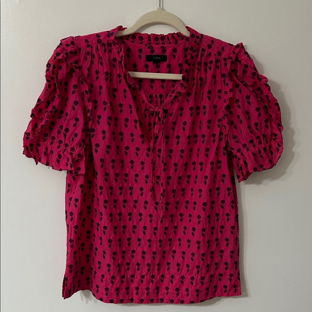 J. Crew Boho Top Women’s XS Pink Ruffle Puff Sleeve Peasant Floral Embroidered
